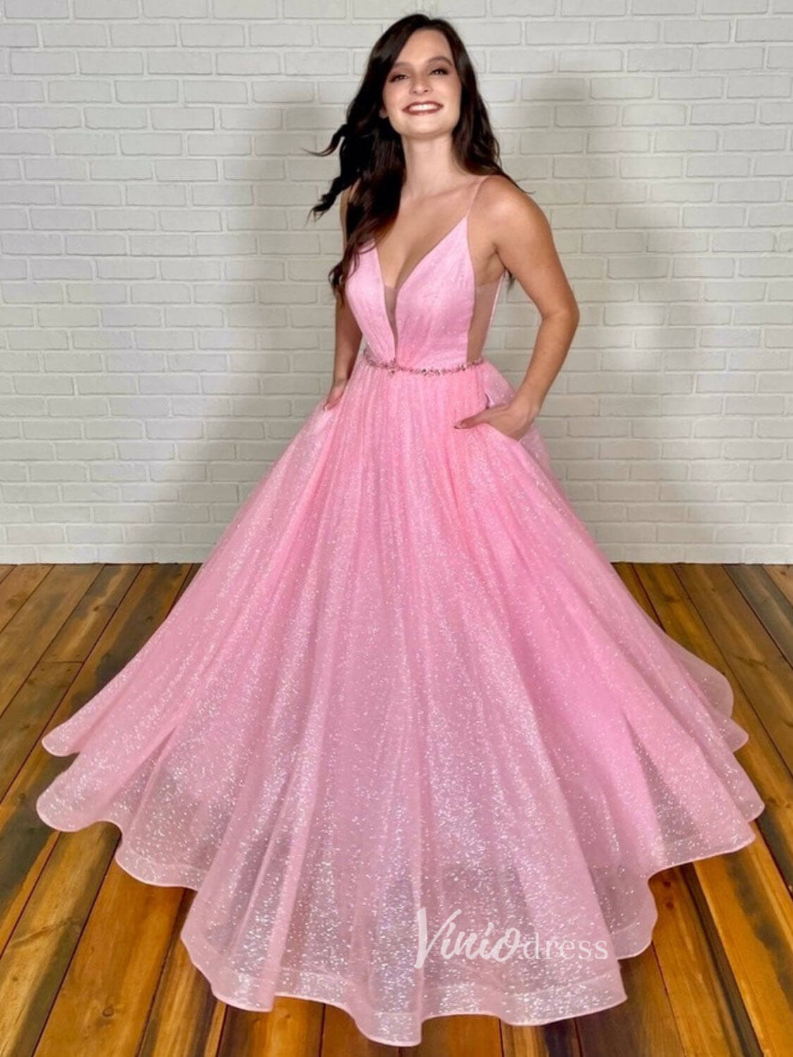 Prom Dress 2025 Pink Spaghetti Strap Prom Dresses Plunging V-Neck Sparkly Tulle Evening Dress FD3083-unique prom dresses-Pink-Custom Size-Viniodress