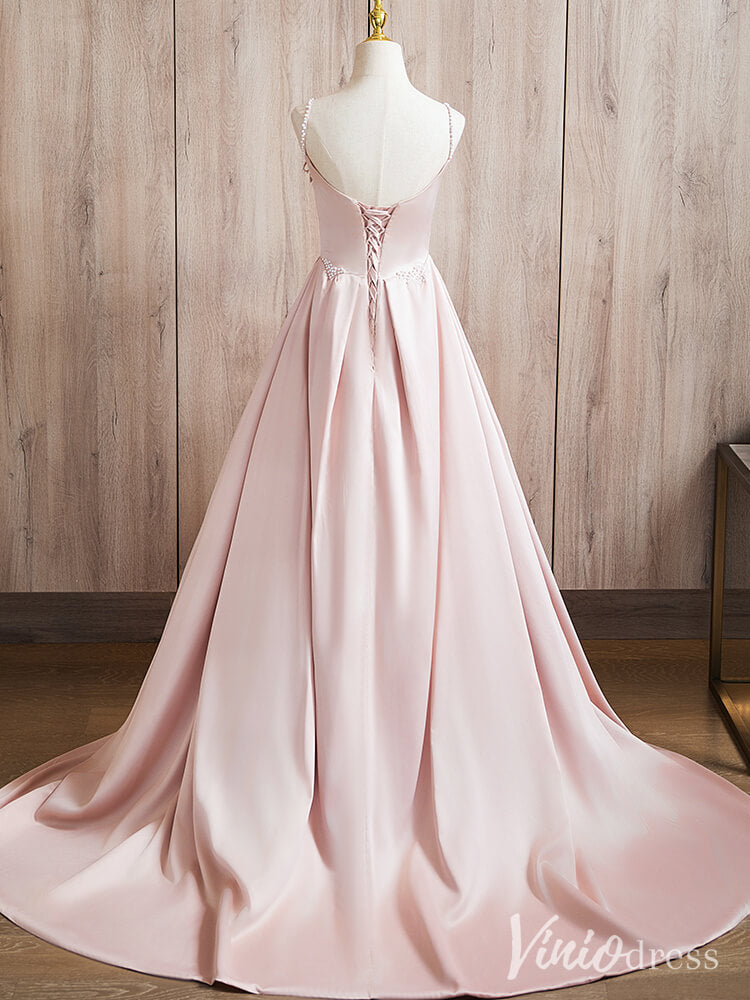 Pink Spaghetti Strap Prom Dresses Smooth Satin Pearl Formal Gown AD1377-prom dresses-Viniodress-Viniodress