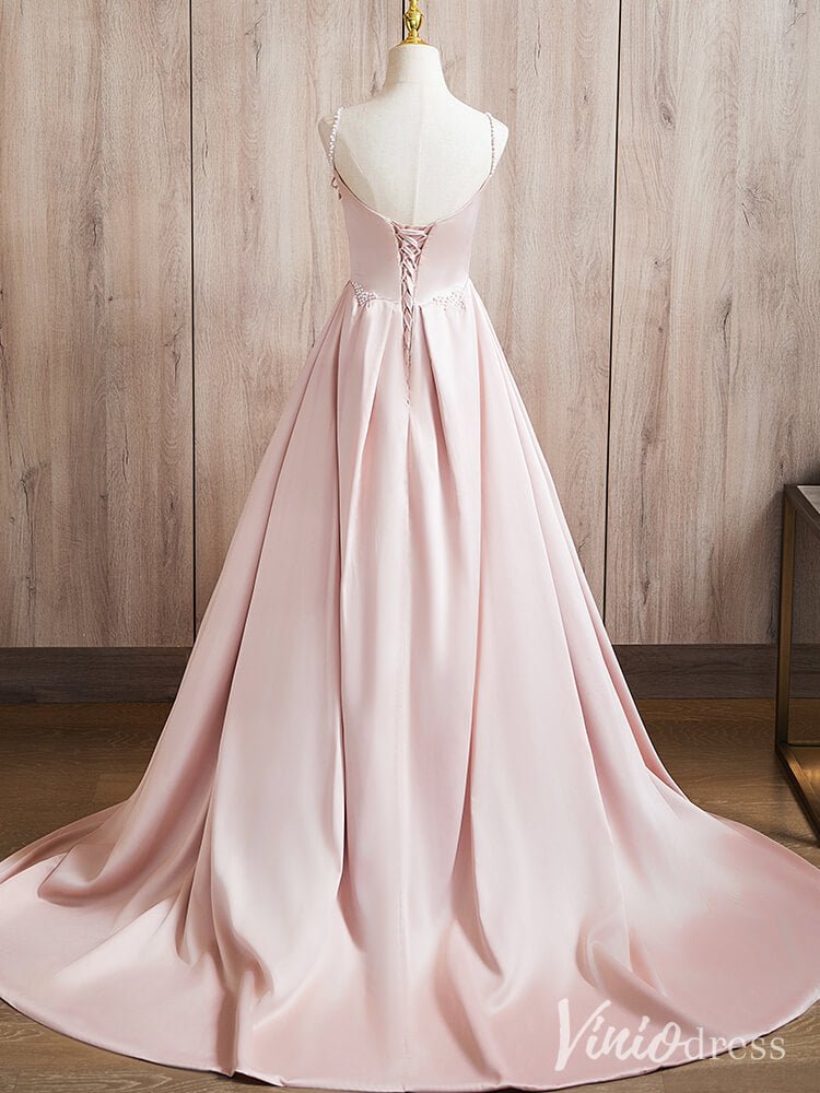 Pink Spaghetti Strap Prom Dresses Smooth Satin Pearl Formal Gown AD1377 - Viniodressprom dressesPinkCustom Size - Formal Dresses - Ball Gowns