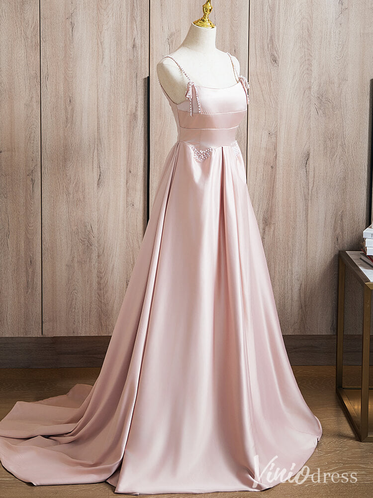 Pink Spaghetti Strap Prom Dresses Smooth Satin Pearl Formal Gown AD1377-prom dresses-Viniodress-Viniodress