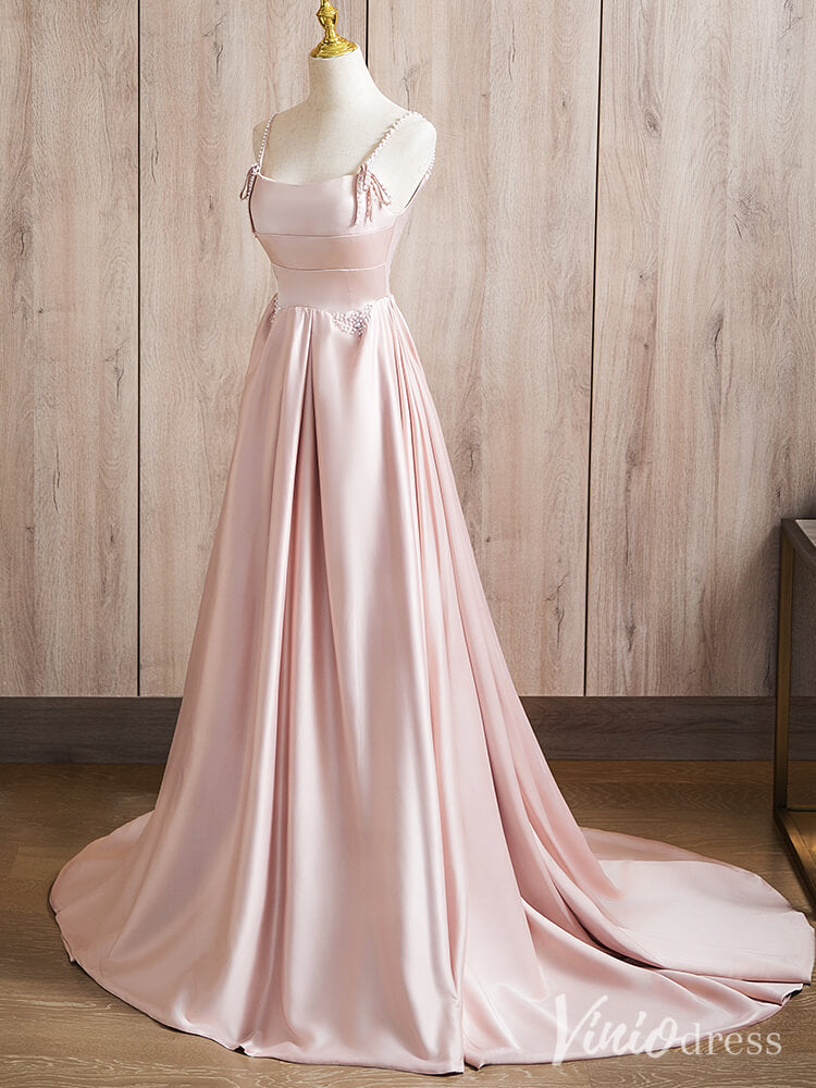 Pink Spaghetti Strap Prom Dresses Smooth Satin Pearl Formal Gown AD1377-prom dresses-Viniodress-Viniodress