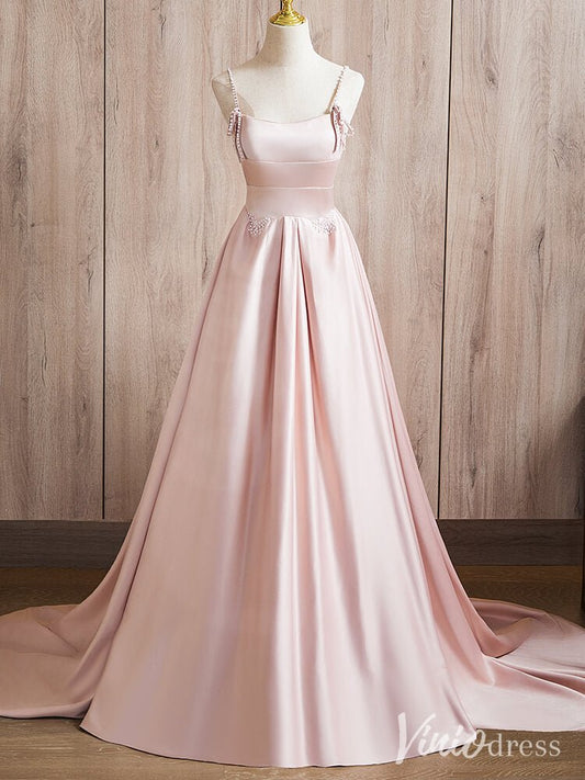 Pink Spaghetti Strap Prom Dresses Smooth Satin Pearl Formal Gown AD1377 - Viniodressprom dressesPinkCustom Size - Formal Dresses - Ball Gowns