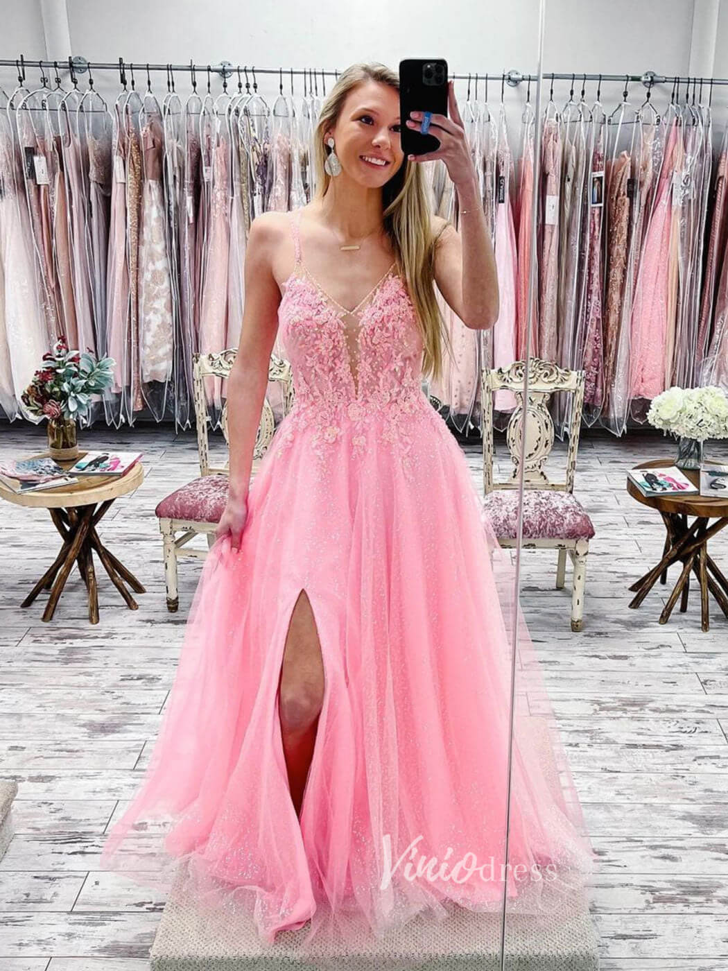 Prom Dress 2025 Pink Spaghetti Strap Prom Dresses With Slit Lace Applique Evening Dress FD3081C-unique prom dresses-Pink-Custom Size-Viniodress