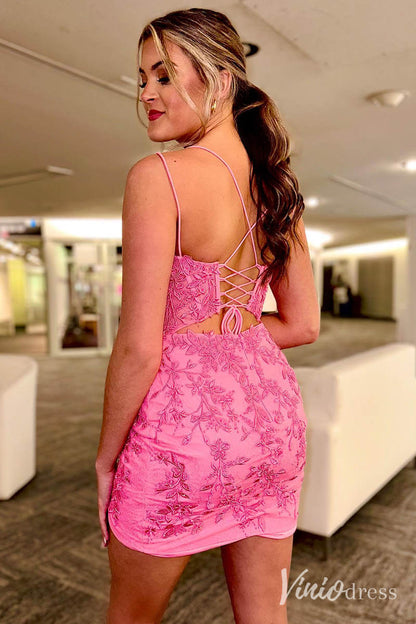 Pink Spaghetti Strap V-Neck Homecoming Dresses Lace Applique Bodycon Dress SD1674-Homecoming Dresses 2025 -Viniodress-Pink-Custom Size-