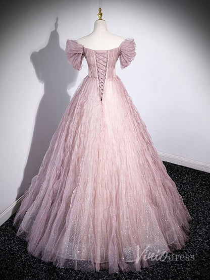 Pink Sparkly Beaded Pleated Tulle Prom Dresses 3D Flower Off the Shoulder 90023-prom dresses 2025 -Viniodress-Pink-Custom Size-