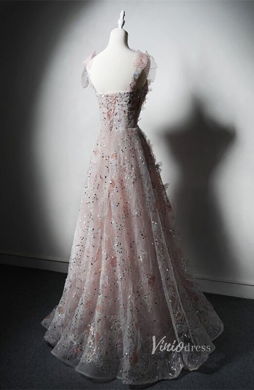 Pink Sparkly Floral Lace Prom Dresses Spaghetti Strap Formal Dress AD1226-prom dresses 2025 -Viniodress-Pink-Custom Size-