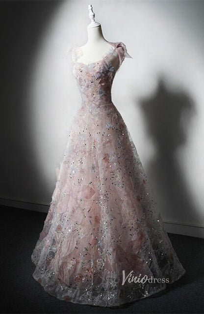 Pink Sparkly Floral Lace Prom Dresses Spaghetti Strap Formal Dress AD1226-prom dresses 2025 -Viniodress-Pink-Custom Size-