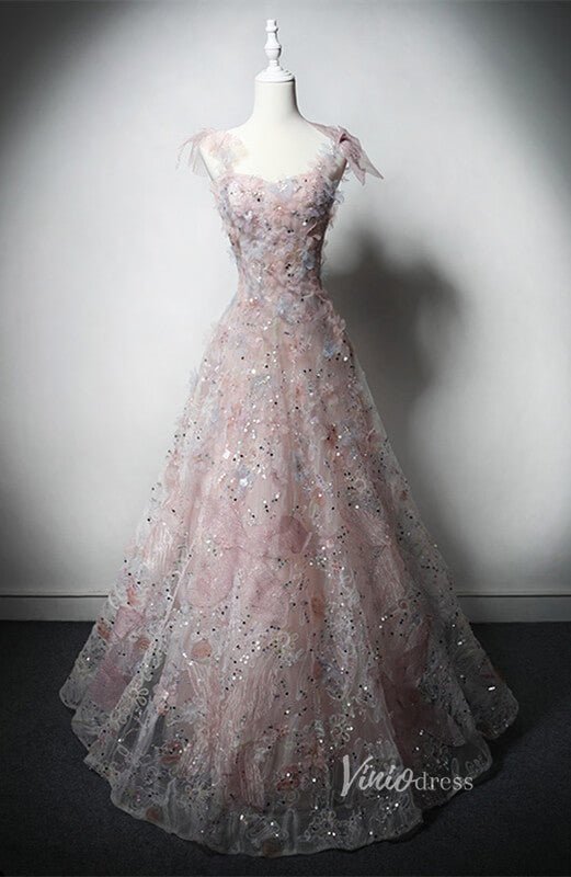Pink Sparkly Floral Lace Prom Dresses Spaghetti Strap Formal Dress AD1226-prom dresses 2025 -Viniodress-Pink-Custom Size-