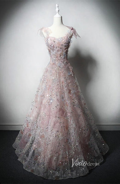 Pink Sparkly Floral Lace Prom Dresses Spaghetti Strap Formal Dress AD1226-prom dresses 2025 -Viniodress-Pink-Custom Size-
