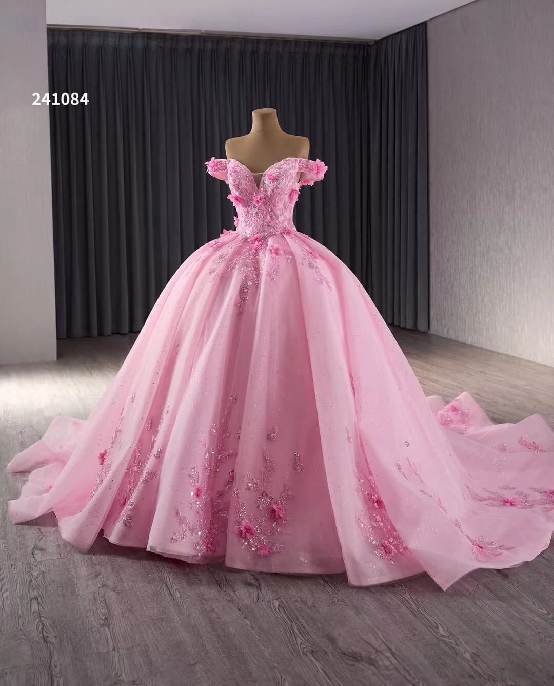 Pink Sparkly Lace Applique Wedding Gowns Off the Shoulder 3D Flower Quince Dress 241084-Quinceanera Dresses 2025 -Viniodress-Pink-Custom Size-