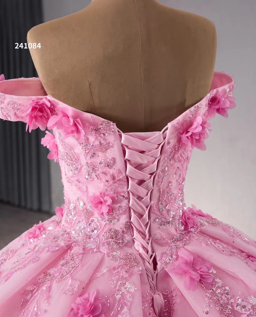 Pink Sparkly Lace Applique Wedding Gowns Off the Shoulder 3D Flower Quince Dress 241084-Quinceanera Dresses 2025 -Viniodress-Pink-Custom Size-