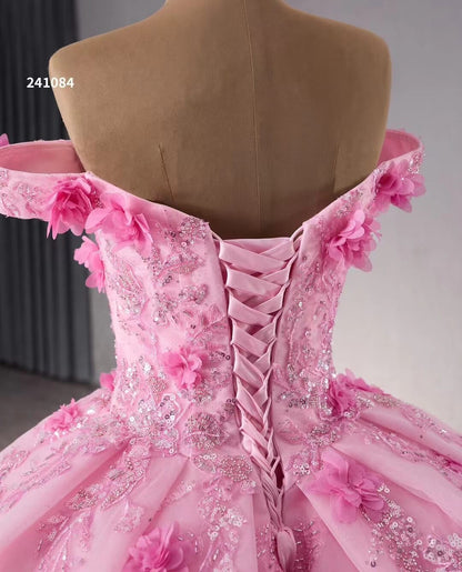 Pink Sparkly Lace Applique Wedding Gowns Off the Shoulder 3D Flower Quince Dress 241084-Quinceanera Dresses 2025 -Viniodress-Pink-Custom Size-