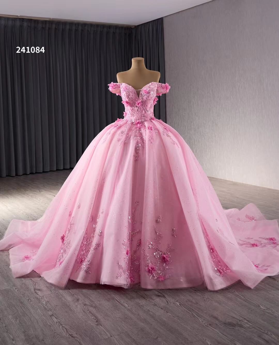 Pink Sparkly Lace Applique Wedding Gowns Off the Shoulder 3D Flower Quince Dress 241084-Quinceanera Dresses 2025 -Viniodress-Pink-Custom Size-