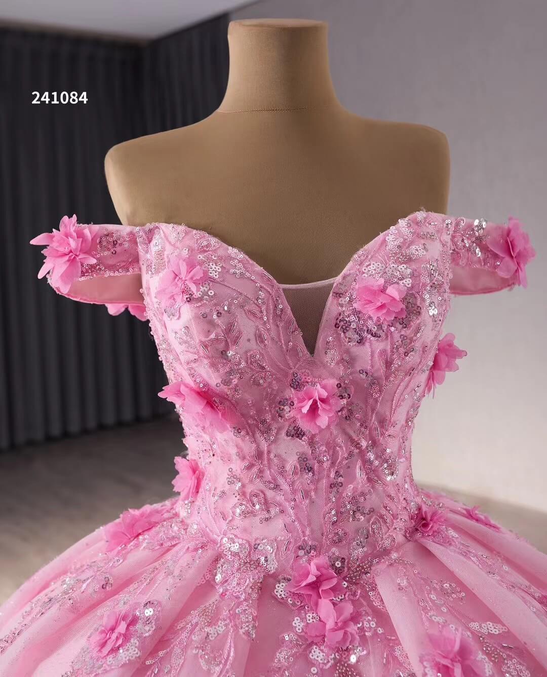 Pink Sparkly Lace Applique Wedding Gowns Off the Shoulder 3D Flower Quince Dress 241084-Quinceanera Dresses-Viniodress-Viniodress