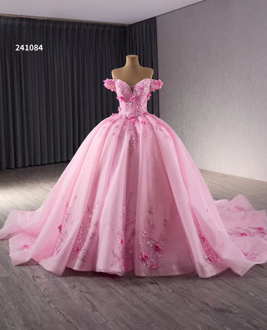 Pink Sparkly Lace Applique Wedding Gowns Off the Shoulder 3D Flower Quince Dress 241084 - ViniodressQuinceanera DressesPinkCustom Size - Formal Dresses - Ball Gowns