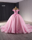 Pink Sparkly Lace Applique Wedding Gowns Off the Shoulder 3D Flower Quince Dress 241084-Quinceanera Dresses-Viniodress-Viniodress