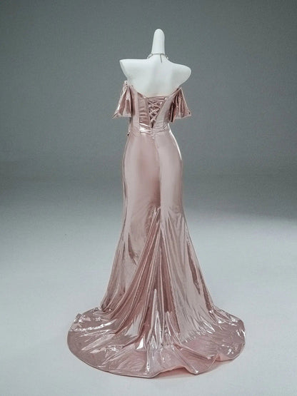 Pink Sparkly Satin Prom Dresses Off the Shoulder Formal Dress - CQ0122-Couture Gown 2025 -Viniodress-Pink-Custom Size-