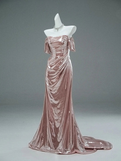 Pink Sparkly Satin Prom Dresses Off the Shoulder Formal Dress - CQ0122-Couture Gown 2025 -Viniodress-Pink-Custom Size-