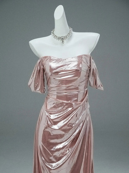 Pink Sparkly Satin Prom Dresses Off the Shoulder Formal Dress - CQ0122-Couture Gown 2025 -Viniodress-Pink-Custom Size-