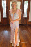 Pink Sparkly Sequin Mermaid Cheap Prom Dresses with Slit Feather Strap FD4008B