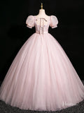 Prom Dress 2025 Pink Sparkly Tulle Flower Prom Ball Gown Puffed Sleeve Quinceanera Dresses BG047-unique prom dresses-Pink-Custom Size-Viniodress