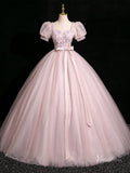 Prom Dress 2025 Pink Sparkly Tulle Flower Prom Ball Gown Puffed Sleeve Quinceanera Dresses BG047-unique prom dresses-Pink-Custom Size-Viniodress