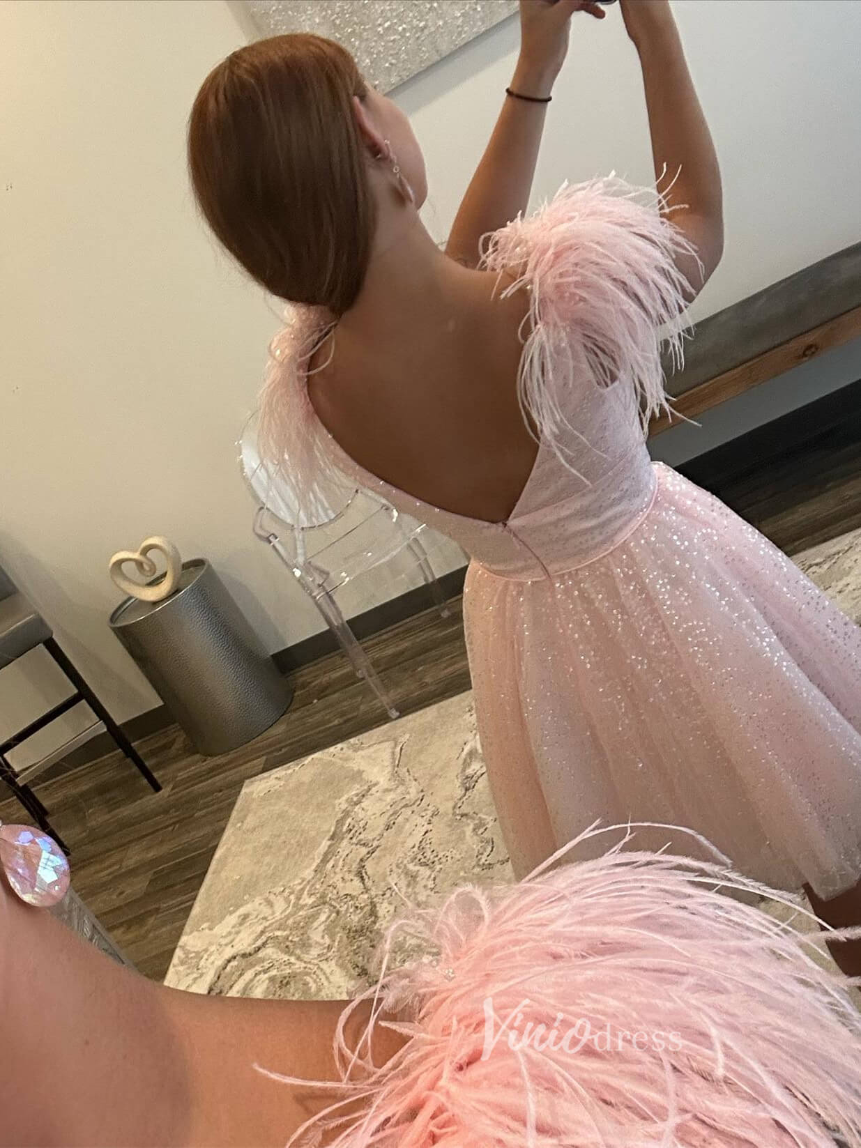 Pink Sparkly Tulle Homecoming Dresses with Feathers V-Neck Short Prom Dress SD1632-prom dresses 2025 -Viniodress-Pink-Custom Size-