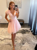 Pink Sparkly Tulle Homecoming Dresses with Feathers V-Neck Short Prom Dress SD1632-prom dresses-Viniodress-Viniodress