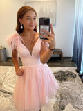 Pink Sparkly Tulle Homecoming Dresses with Feathers V-Neck Short Prom Dress SD1632-prom dresses-Viniodress-Viniodress