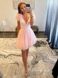Pink Sparkly Tulle Homecoming Dresses with Feathers V-Neck Short Prom Dress SD1632