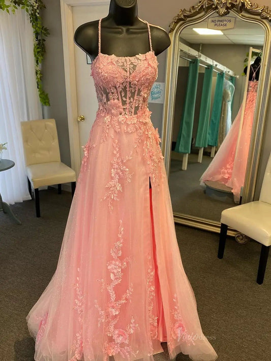 Pink Sparkly Tulle Lace Prom Dresses with Slit, Spaghetti Strap & Sheer Boned Bodice - FD5164-prom dresses 2025 -Viniodress-Pink-Custom Size-