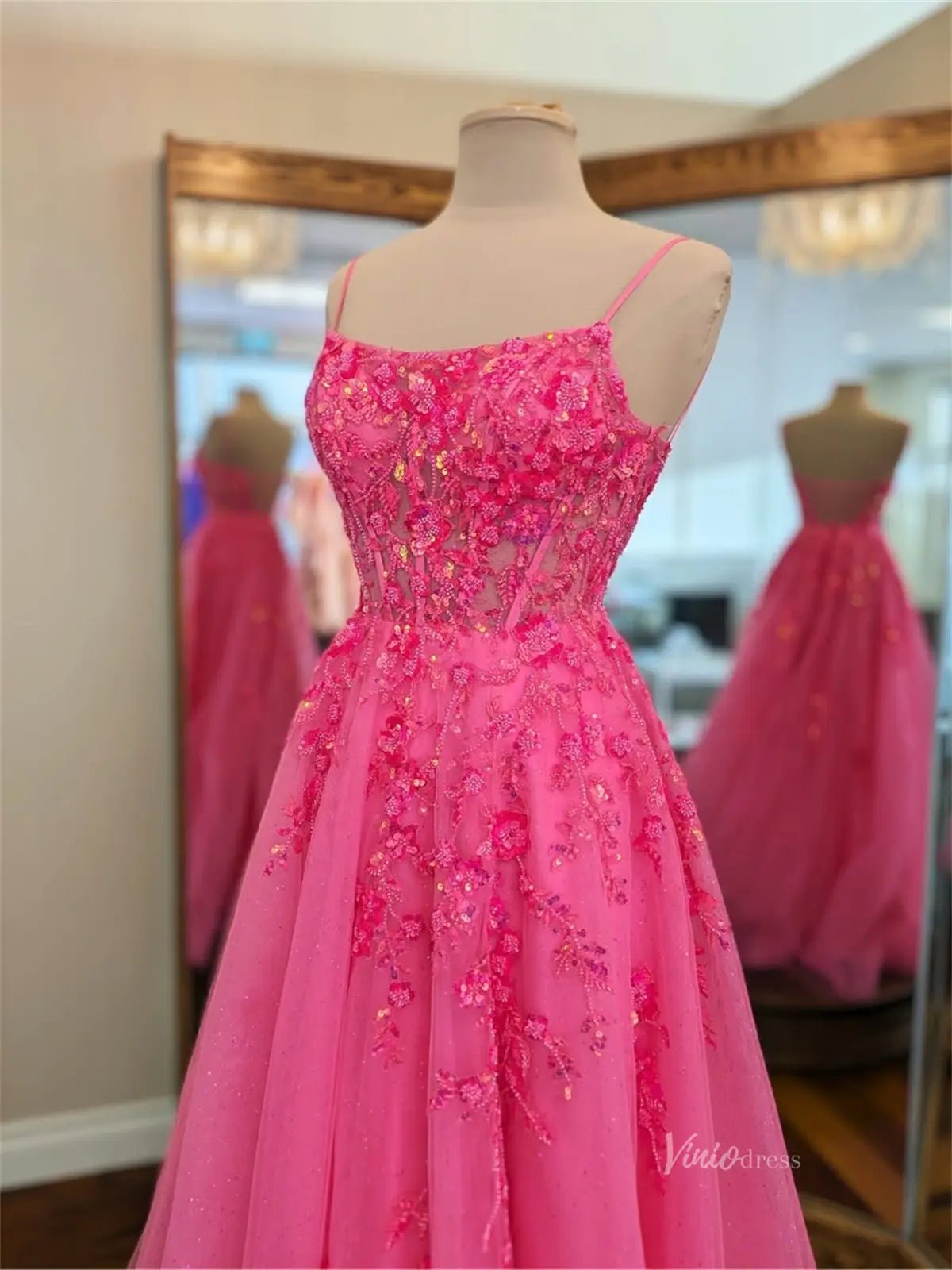 Pink Sparkly Tulle Lace Prom Dresses with Spaghetti Straps & Corset Back - FD5169-prom dresses 2025 -Viniodress-Pink-Custom Size-