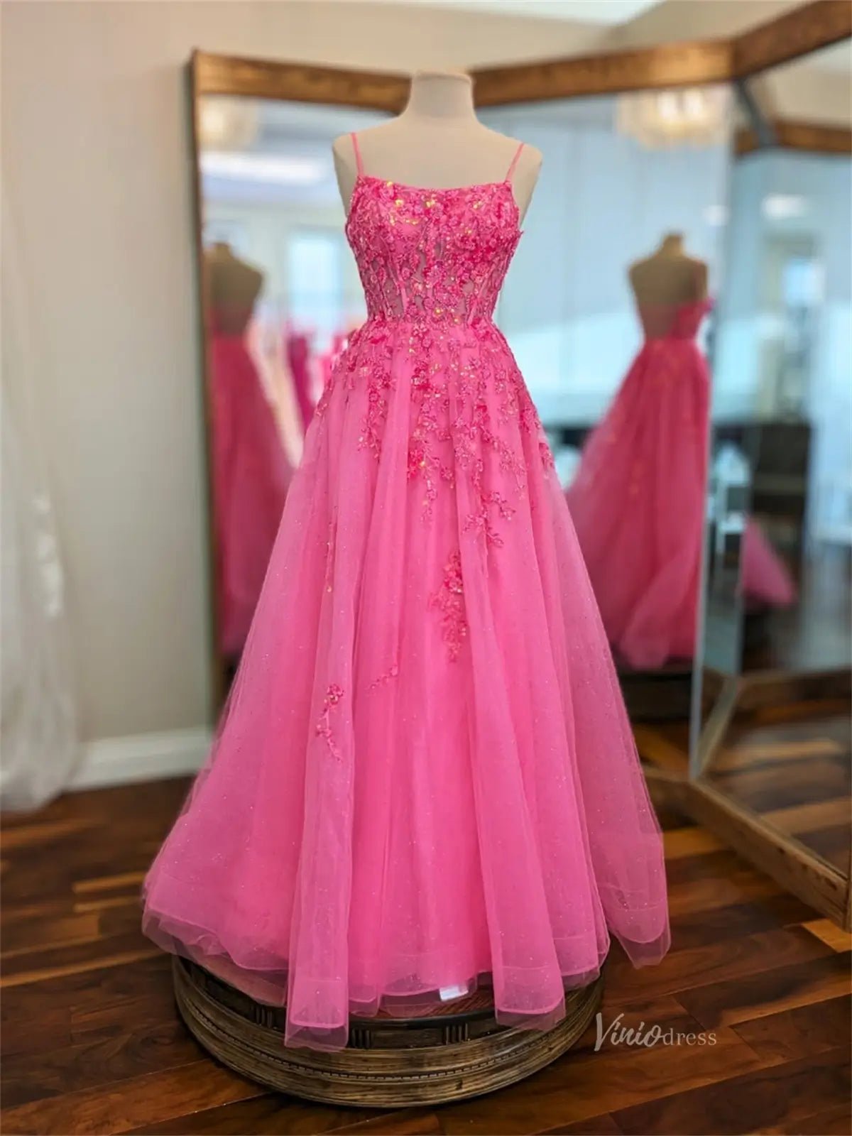 Pink Sparkly Tulle Lace Prom Dresses with Spaghetti Straps & Corset Back - FD5169-prom dresses 2025 -Viniodress-Pink-Custom Size-