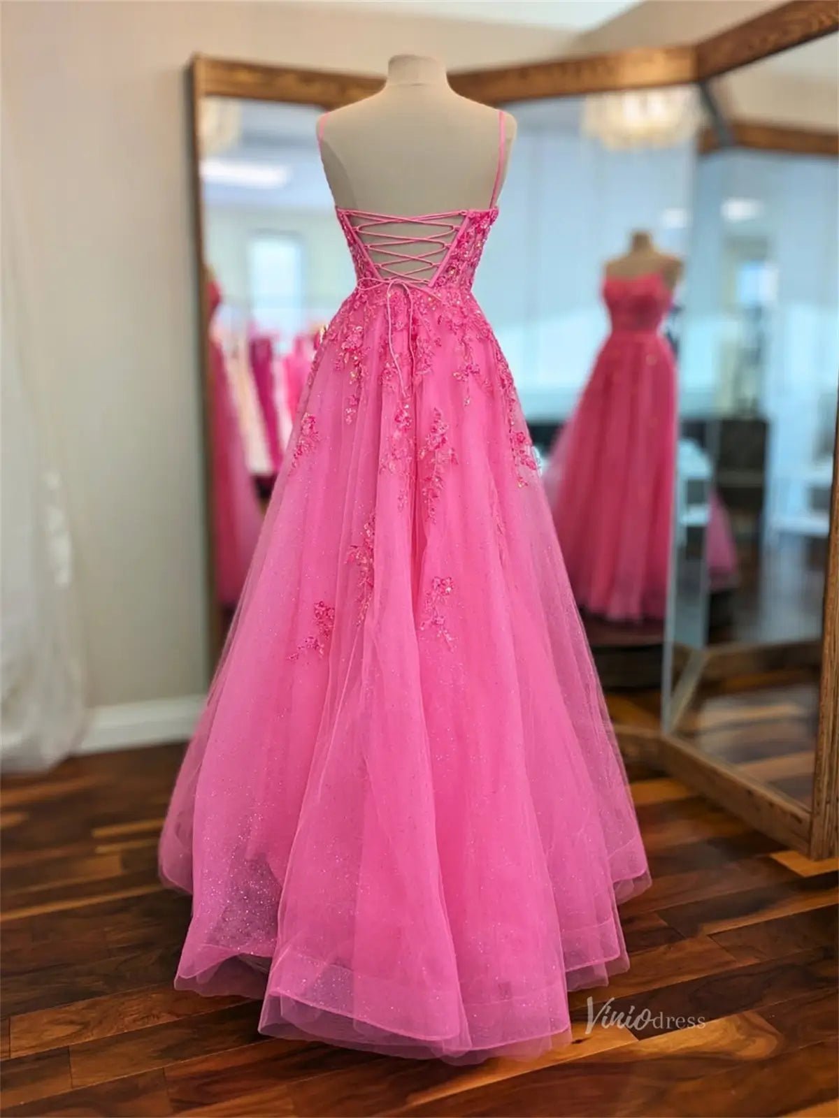 Pink Sparkly Tulle Lace Prom Dresses with Spaghetti Straps & Corset Ba   Viniodress