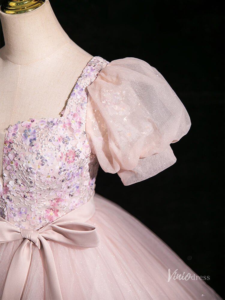 Pink Sparkly Tulle Prom Dresses Ball Gown Puffed Sleeve, Bow Quinceanera Dresses BG047-prom dresses 2025 -Viniodress-Pink-Custom Size-