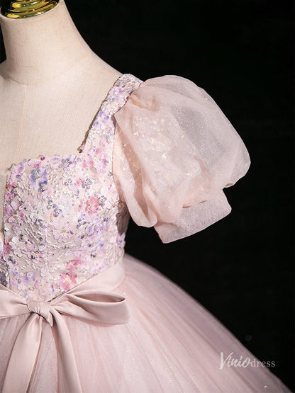 Pink Sparkly Tulle Prom Dresses Ball Gown Puffed Sleeve, Bow Quinceanera Dresses BG047-prom dresses 2025 -Viniodress-Pink-Custom Size-
