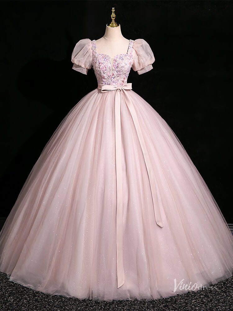 Pink Sparkly Tulle Prom Dresses Ball Gown Puffed Sleeve, Bow Quinceanera Dresses BG047-prom dresses 2025 -Viniodress-Pink-Custom Size-