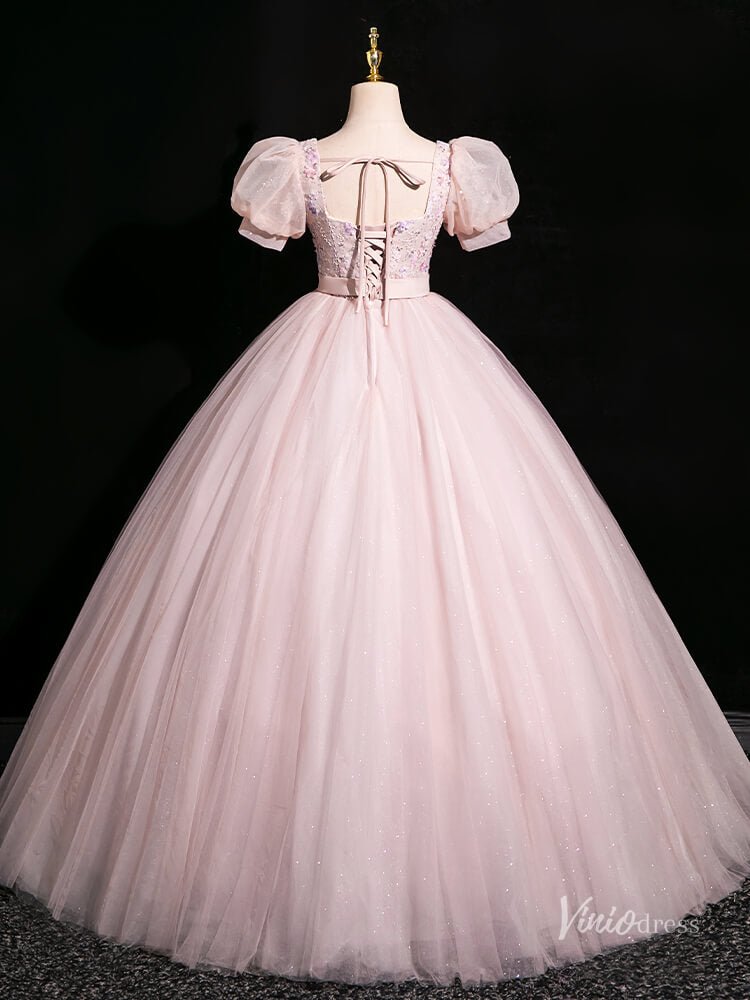 Pink Sparkly Tulle Prom Dresses Ball Gown Puffed Sleeve, Bow Quinceanera Dresses BG047-prom dresses 2025 -Viniodress-Pink-Custom Size-