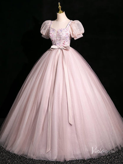 Pink Sparkly Tulle Prom Dresses Ball Gown Puffed Sleeve, Bow Quinceanera Dresses BG047-prom dresses 2025 -Viniodress-Pink-Custom Size-