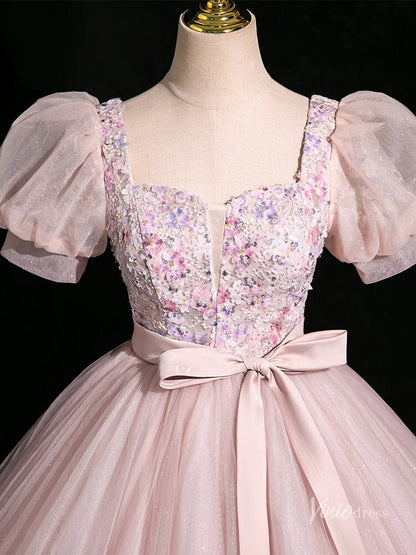 Pink Sparkly Tulle Prom Dresses Ball Gown Puffed Sleeve, Bow Quinceanera Dresses BG047-prom dresses 2025 -Viniodress-Pink-Custom Size-