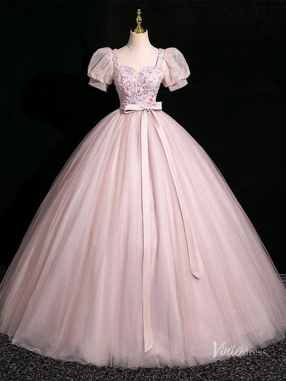 Pink Sparkly Tulle Prom Dresses Ball Gown Puffed Sleeve, Bow Quinceanera Dresses BG047-prom dresses 2025 -Viniodress-Pink-Custom Size-