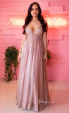 Pink Sparkly Tulle Prom Dresses Plunging V-Neck Evening Gown FD3584