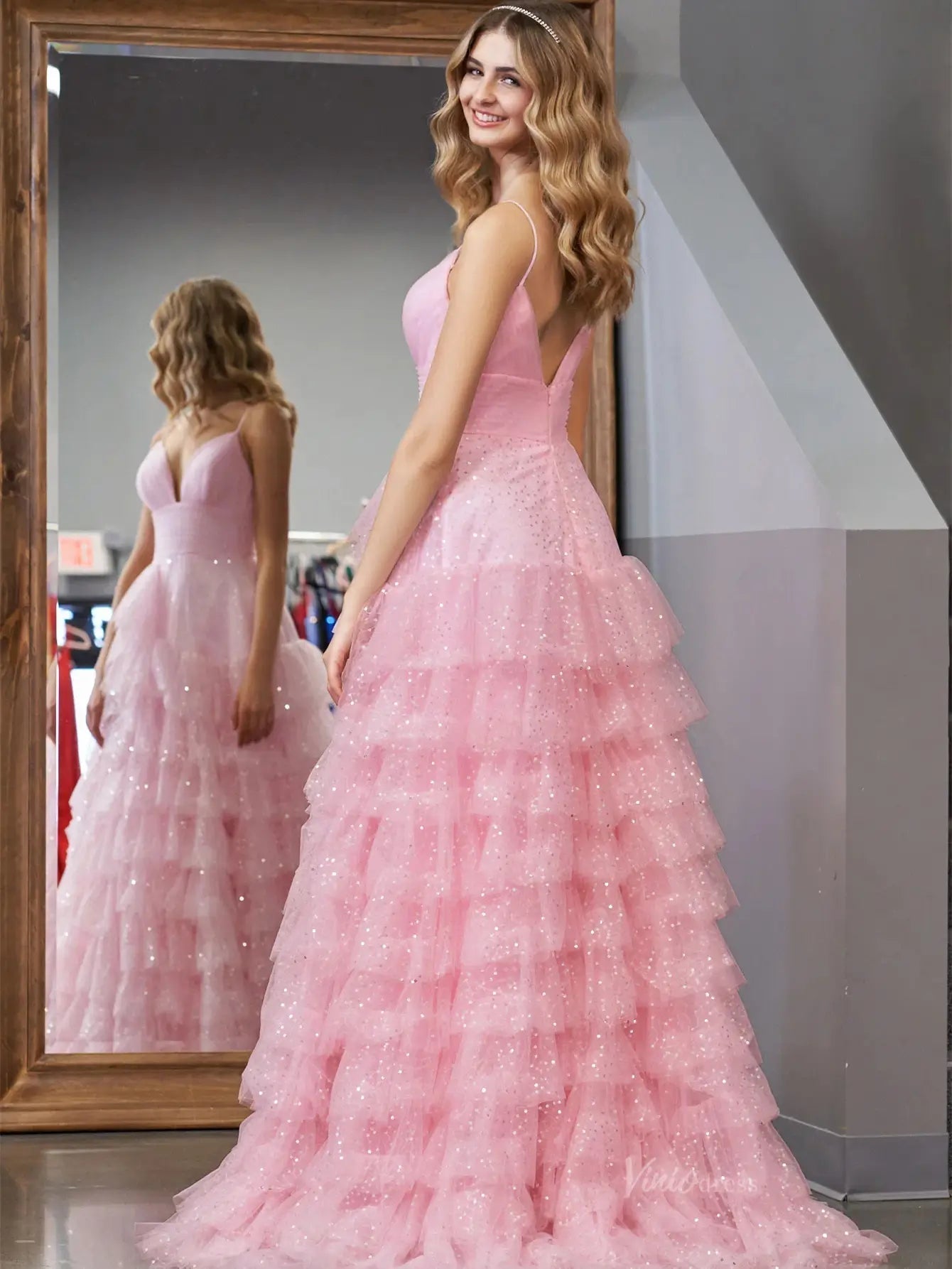 prom dresses 2025 Pink Sparkly Tulle Prom Dresses Ruffled Spaghetti Strap Formal Dresses - FD3509-plus size wedding dresses Viniodress-Pink-Custom Size-