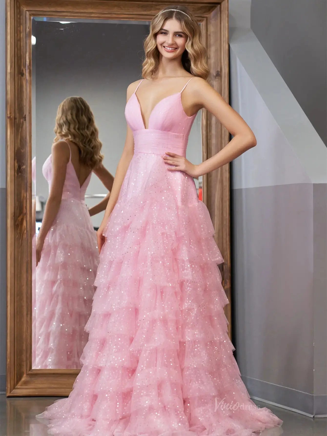 Pink Sparkly Tulle Prom Dresses Ruffled Spaghetti Strap Formal Dresses - FD3509 - Viniodressprom dressesPinkCustom Size - Formal Dresses - Ball Gowns