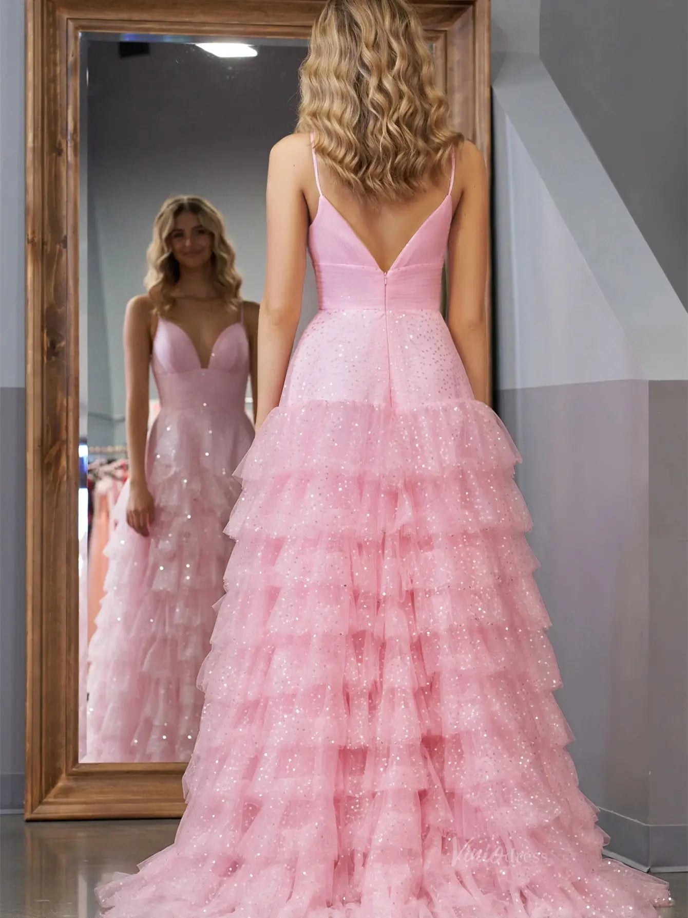 prom dresses 2025 Pink Sparkly Tulle Prom Dresses Ruffled Spaghetti Strap Formal Dresses - FD3509-plus size wedding dresses Viniodress-Pink-Custom Size-