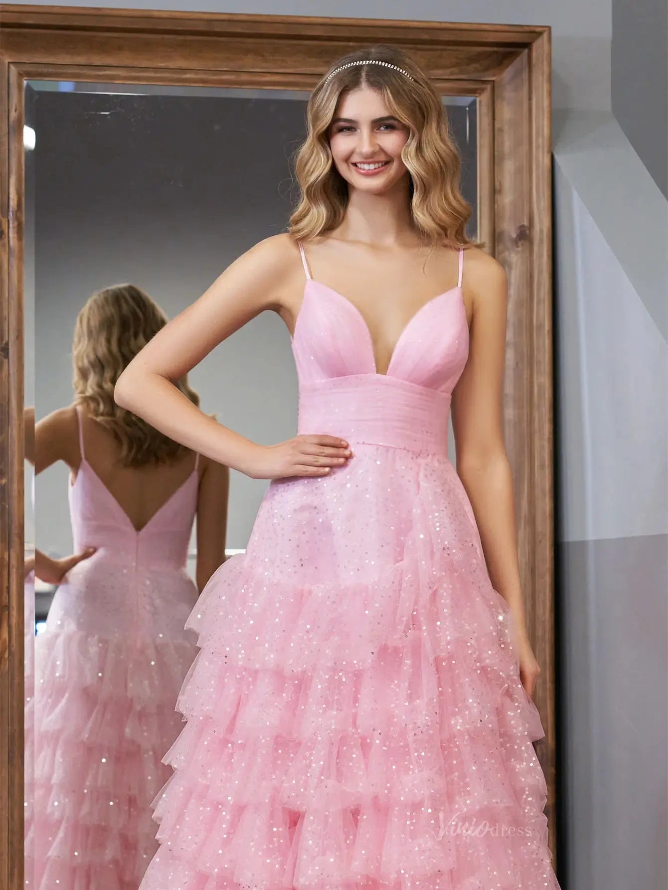 prom dresses 2025 Pink Sparkly Tulle Prom Dresses Ruffled Spaghetti Strap Formal Dresses - FD3509-plus size wedding dresses Viniodress-Pink-Custom Size-