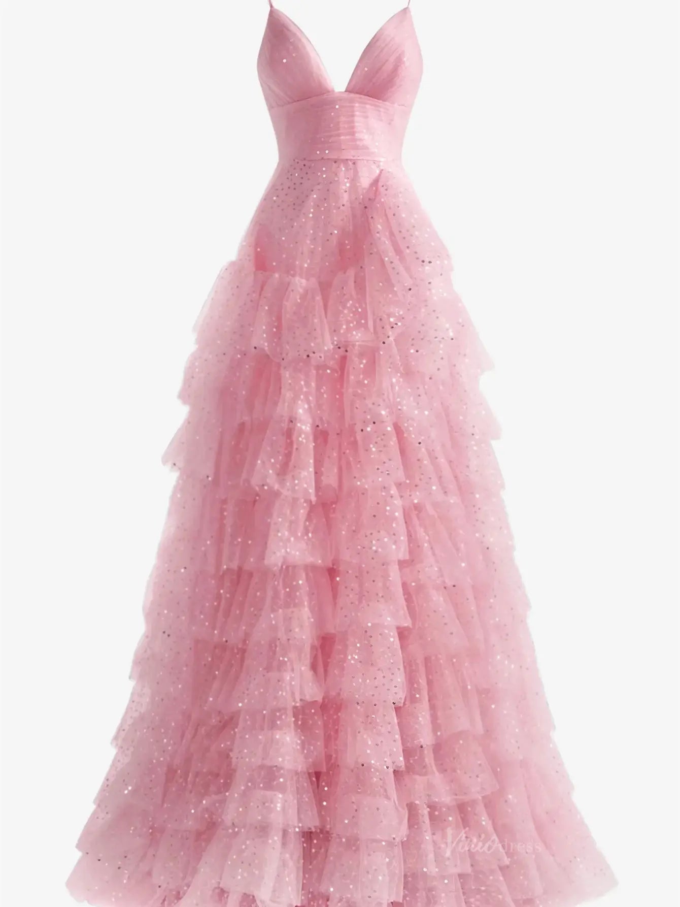 prom dresses 2025 Pink Sparkly Tulle Prom Dresses Ruffled Spaghetti Strap Formal Dresses - FD3509-plus size wedding dresses Viniodress-Pink-Custom Size-