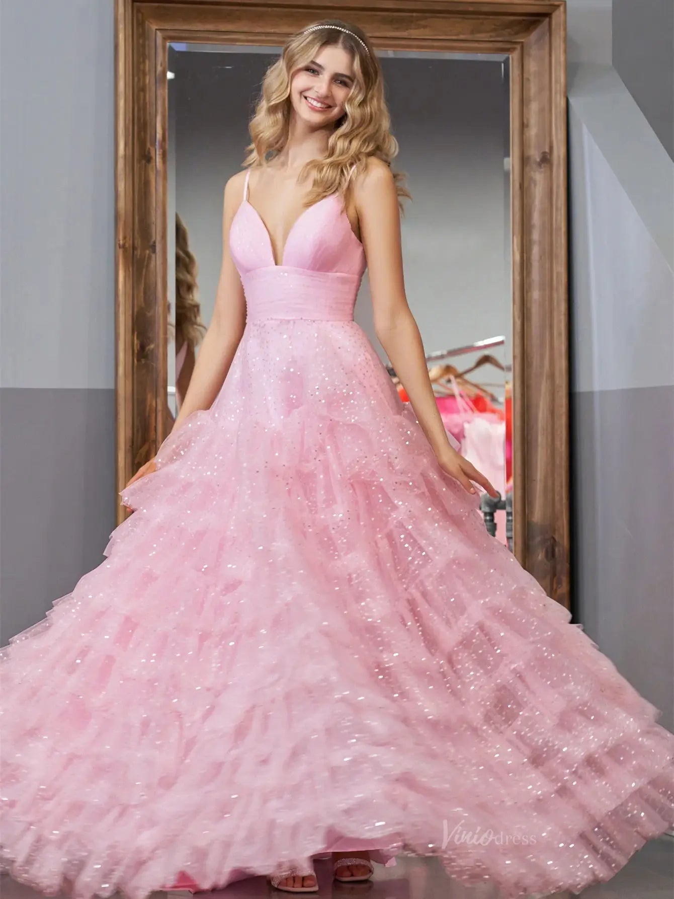 Pink Sparkly Tulle Prom Dresses Ruffled Spaghetti Strap Formal Dresses - FD3509 - Viniodressprom dressesPinkCustom Size - Formal Dresses - Ball Gowns