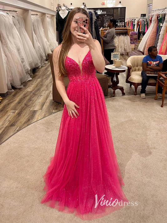 Pink Sparkly Tulle Prom Dresses Spaghetti Strap Evening Dress FD3334-prom dresses 2025 -Viniodress-Pink-Custom Size-
