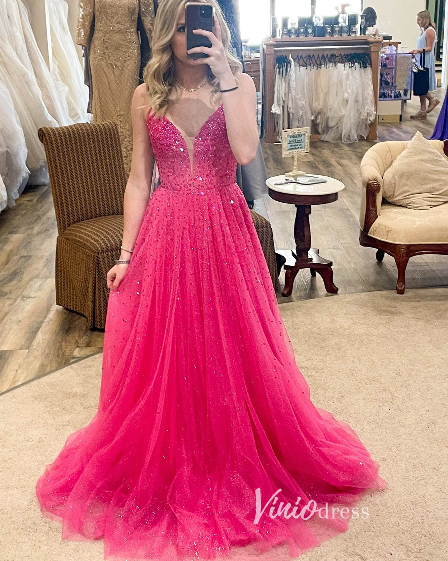 Pink Sparkly Tulle Prom Dresses Spaghetti Strap Evening Dress FD3334-prom dresses 2025 -Viniodress-Pink-Custom Size-
